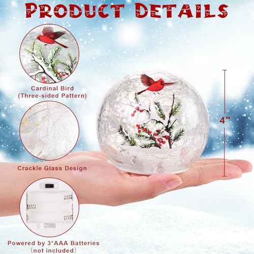 Yinhua Lighted Christmas Decorations Indoor, 4" Cardinal Bird Crackle Glass Balls, Light Up Christmas Globe Light with Timer, Xmas Centerpieces for Tables Mantel Fireplace Living Room Gift