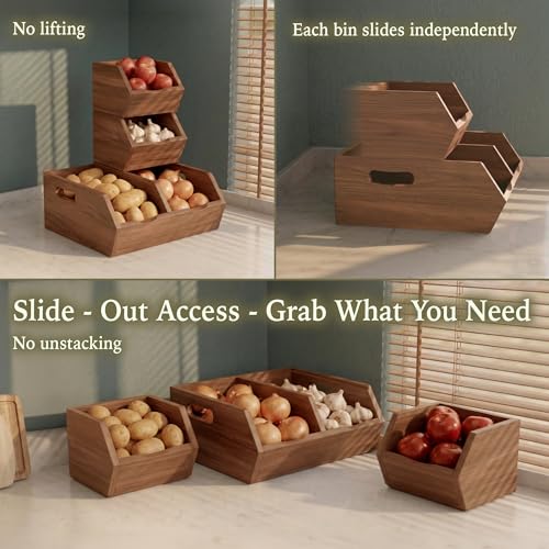 2-Tier Stackable Acacia Wood Storage Bins Set of 3 for Kitchen Pantry Organization