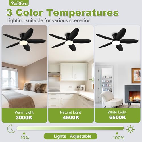 Yoedivu 42 Inch Black Flush Mount Ceiling Fan with Lights & Remote - 6-Speed, Dimmable, Timer, Noiseless