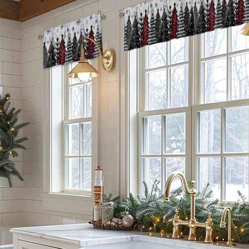 Christmas Valances for Windows Red Black Xmas Tree Snow Rod Pocket Cafe Window Treatments Valance Curtains for Kitchen Bathroom Bedromm Laundry Basement Windows 42" x 12"