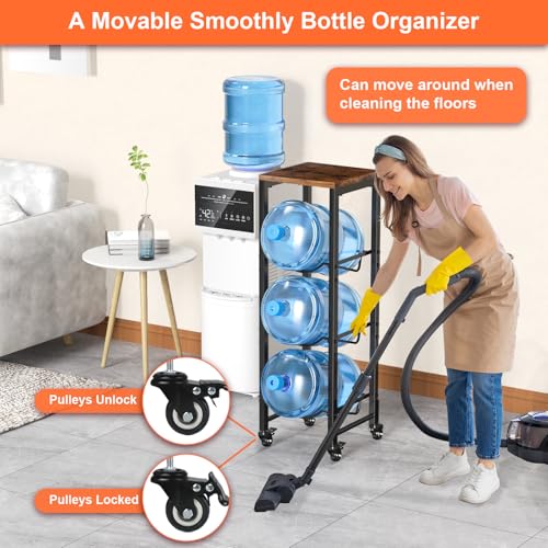 3 Bottle Brown Water Bottle Holder Organizer with Lockable Casters - 5 Gallon Capacity
