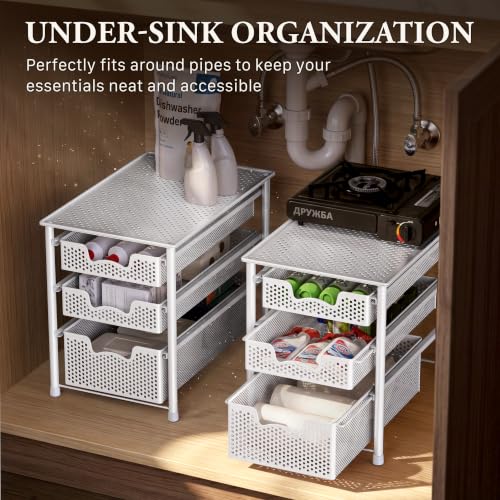 3-Tier White Sliding Basket Organizer - Space-Saving Kitchen & Bathroom Storage