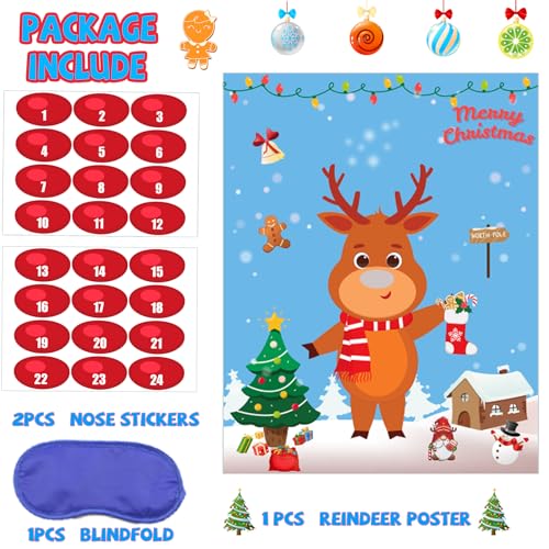 Christmas Reindeer Pin the Nose Party Game with 24 Stickers Kids & Adults