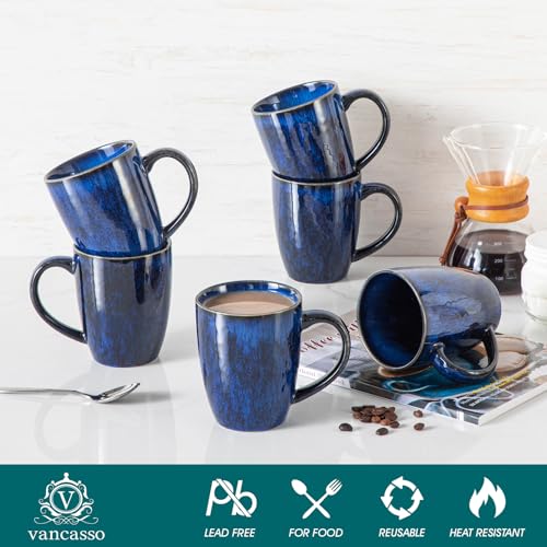 Blue Ceramic Coffee Mug Set of 6 - 16 Oz Tea Cups with Handle, Microwave & Dishwasher Safe
