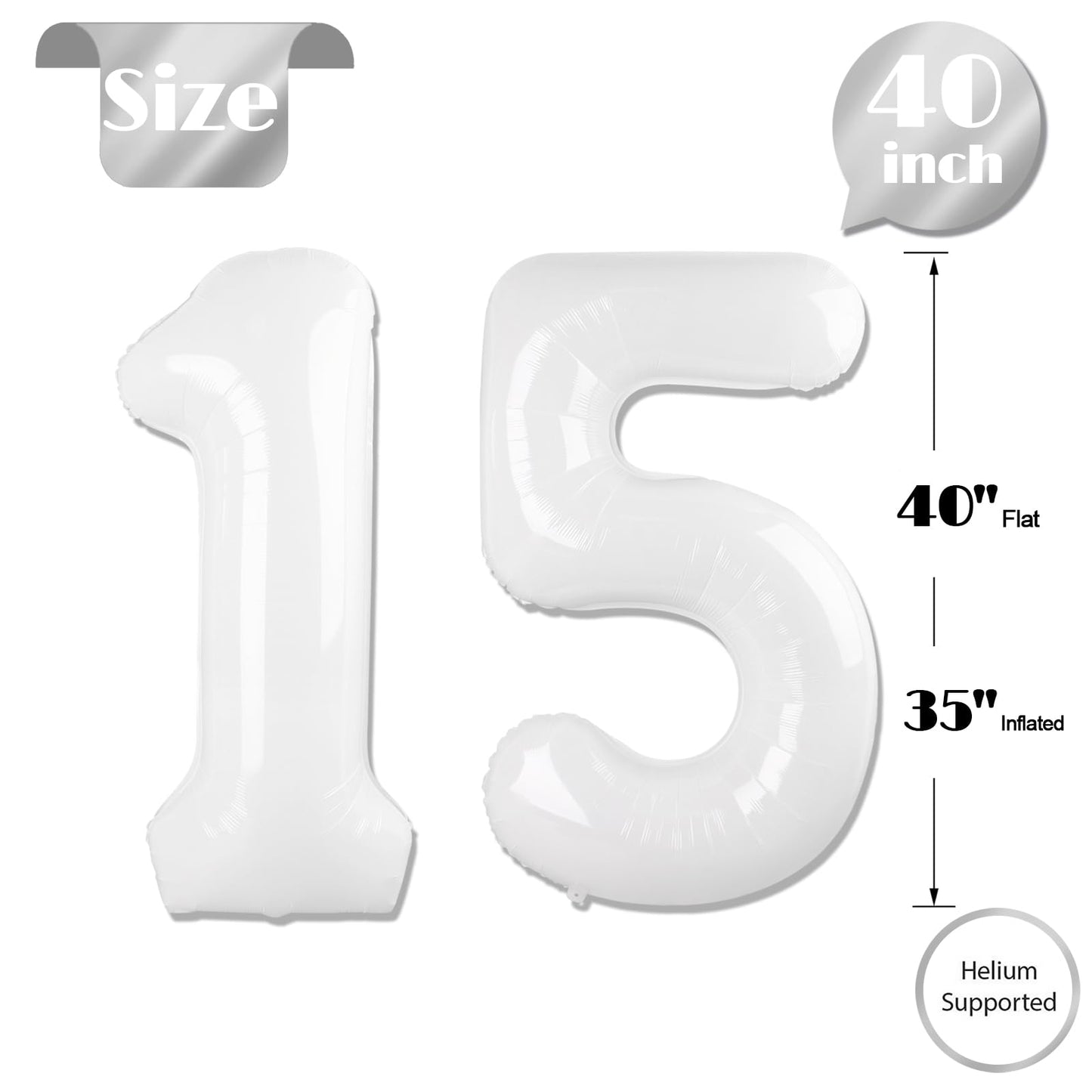 White Number 15 Balloon 40 inch, 15 Number Balloons, 15th White Birthday Decorations for Girls Boys 15 Year Old Party Supplies