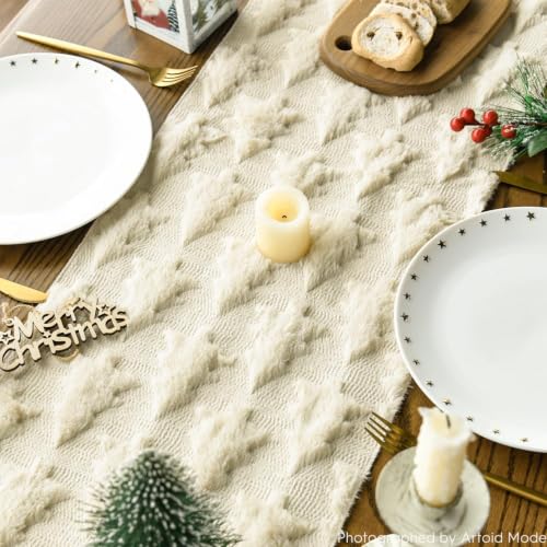 Artoid Mode Christmas Table Runner 13x72 Inch Beige Faux Fur Jacquard Holiday Decor