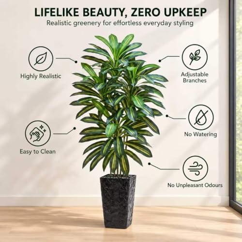 Artificial Dracaena Tree 6FT with Black Planter - Indoor Faux Plant, Realistic Tall Decorative Tree Variation of Green-Black Pot