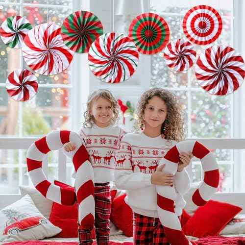 Outus Christmas Hanging Decorations Candy Paper Fans Peppermint Hanging Paper Fans Candy Cane Ceiling Wall Decor for Christmas Party Classroom Birthday Party(9 Pcs,Sweet)