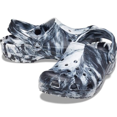 Crocs Unisex Classic Marbled Tie-Dye Clogs - 9 Women / 7 Men, White & Black