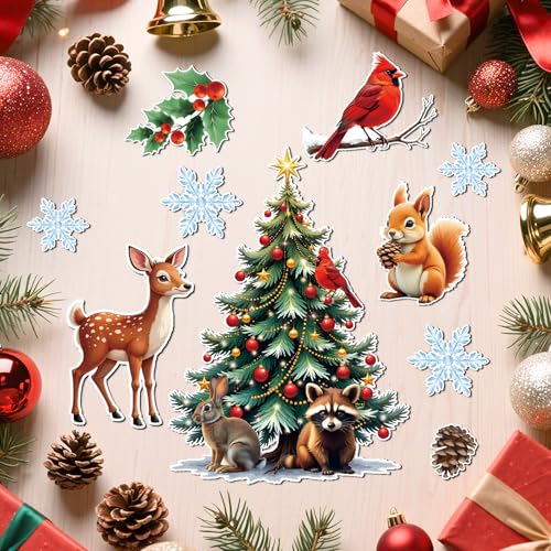 Christmas Magnet Set - 10 Holiday Refrigerator & Dishwasher Decorations with Woodland Creatures & Snowflakes