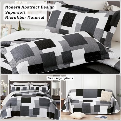 Tyrot Black Grey Patchwork Quilt Set Full/Queen Size Bedding with Pillow Shams