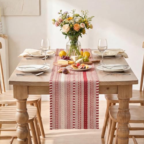 Artoid Mode Xmas Red Farmhouse Stripe Braided Table Runner 12x120 Inch