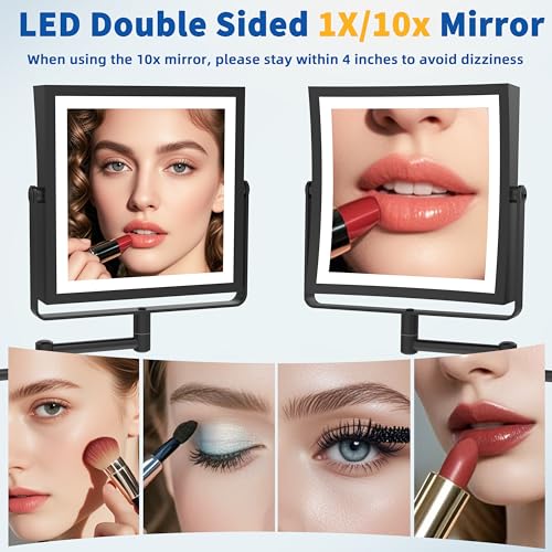 Ruacq Matte Black Wall Mounted Makeup Mirror with Lights 1X/10X Dual Sided