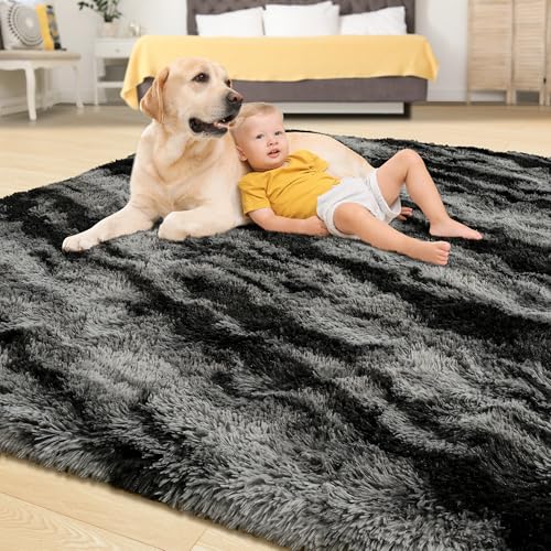 Tepook Black Grey 6x9 Fluffy Shag Rug for Living Room & Bedroom