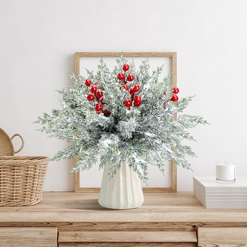 Watayo 45 Pcs Artificial Christmas Snow Pine Branches & Red Berry Stems - Snowy Style