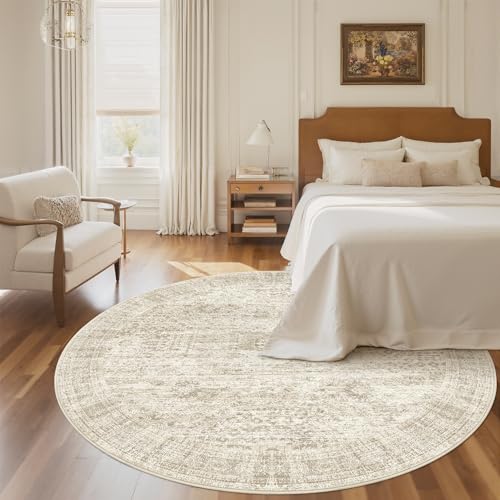 6ft Beige Round Area Rug Non-Slip Pet-Friendly Washable Living Room Carpet