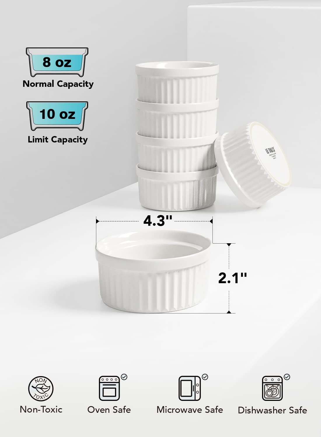 LE TAUCI Ramekins - 8 OZ Oven Safe Ceramic Custard Cups Set of 6 | White Souffle & Dipping Dishes