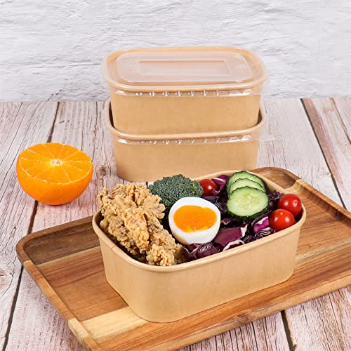 Disposable Kraft Paper Bowls with Lids - 25oz, Pack of 50