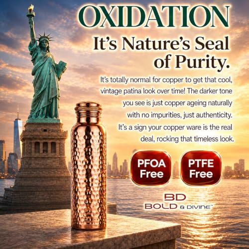 Copper Water Bottle - 32oz Handcrafted Pure Copper Drinking Vessel with Leak-Proof Cap & Bonus Canvas Bag