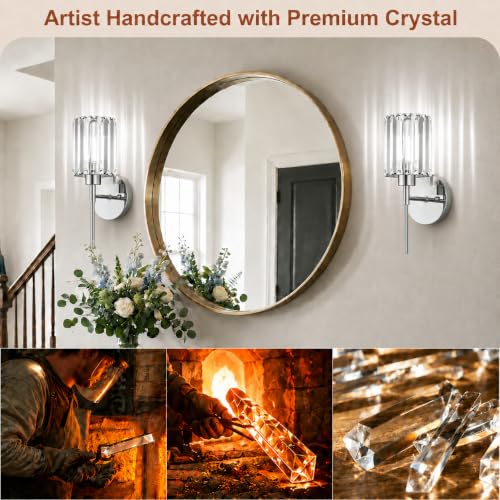 2-Pack Chrome Wireless Crystal Wall Sconces with Dimmable Bulbs, Remote & 12 Colors