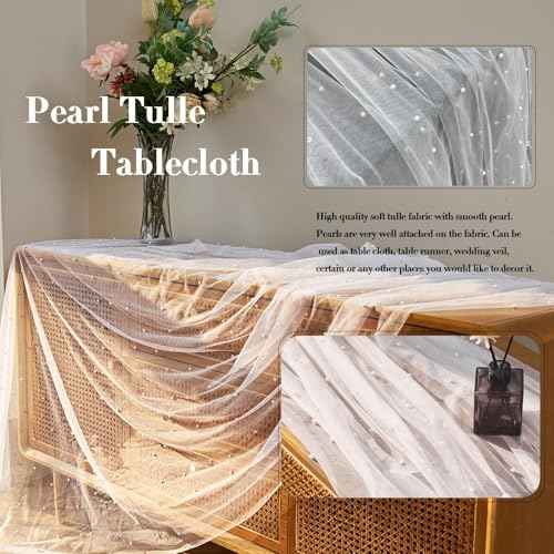 10FT White Pearl Table Runner, Dessert Fabric Tulle Table Runner Cloth for Wedding Birthday Bridal Shower Wedding Arch Veil Decorations