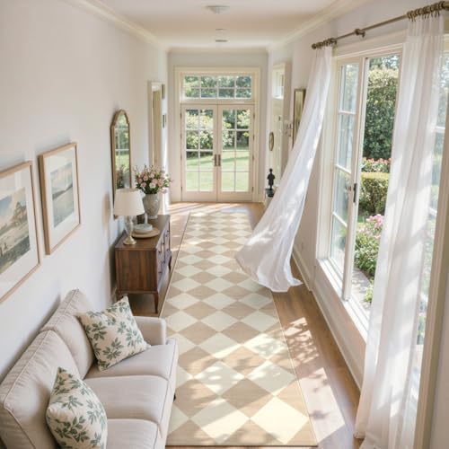 Beeiva 2.5x12 ft Beige Checkered Hallway Runner Rug - Washable Faux Wool, Non-Slip Diamond Pattern Carpet