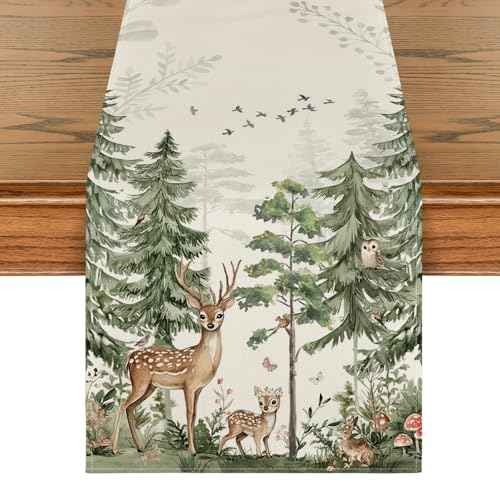 Artoid Mode Forest Deer Bunny Spring Table Runner, Seasonal Summer Kitchen Dining Table Decoration for Home Party Decor 13x72 Inch