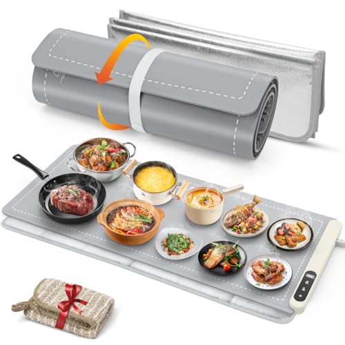 Gray 36x16 Inch Extra Large Food Warming Mat with Heat-Resistant Pad, 6 Temp Settings, 6H Timer, Portable Kitchen Warmer
