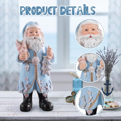 Coastal Santa Figurine 10in — Blue Coat with Seashells & Starfish Christmas Decor