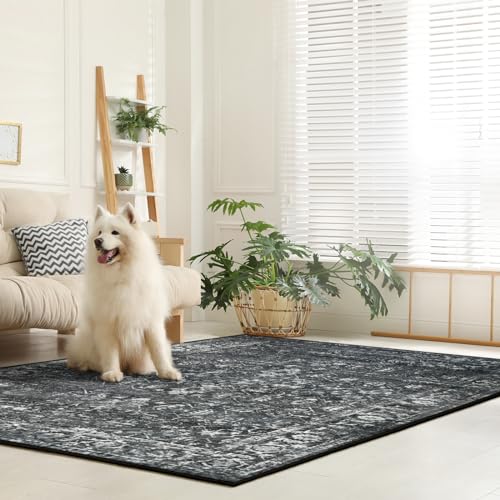 Lahome 6' x 9' Washable Black & Grey Vintage Distressed Area Rug for Bedroom & Living Room