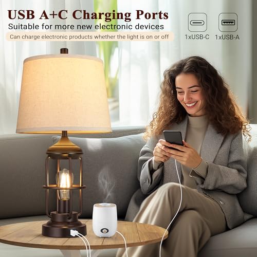 QiMH 23-Inch Set of 2 Farmhouse Industrial Nightstand Lamps with USB Ports, Oil Rubbed Bronze