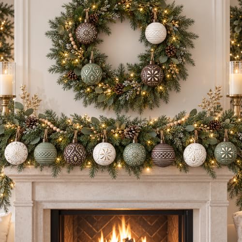 12 Pcs Textured Rustic Christmas Ornaments for Tree – Vintage Brown Green White Balls