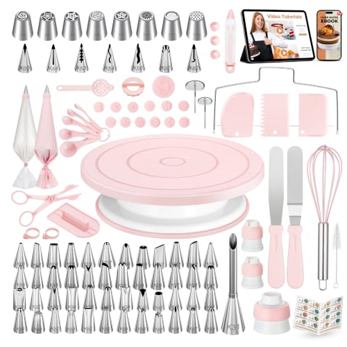 Kootek 158-Piece Cake Decorating Kit with Pink Spinning Turntable & Tools