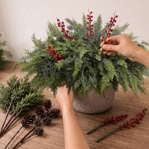LAOWUJA 12 Pcs Artificial Cedar Branches 17.5" with 3 Red Berry Picks - Holiday Faux Greenery for Christmas Decor
