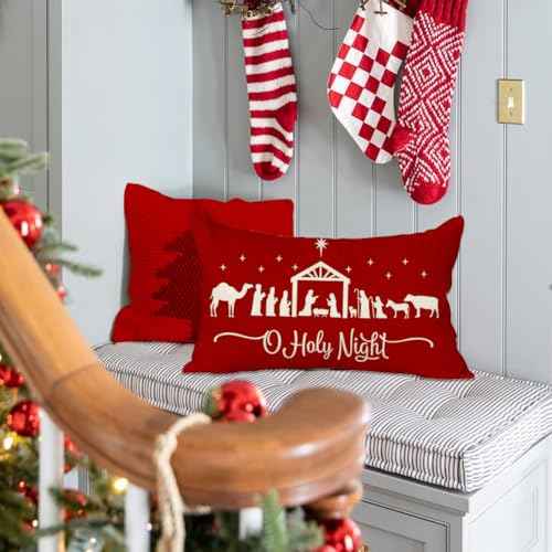 RABUSOFA Christmas Pillow Covers 12x20 Inch,Christmas Pillows Decorative Throw Pillow,O Holy Night Pillow Cases,Red Cushion Covers Decor Xmas Holiday Couch Sofa Cross Joy(22)