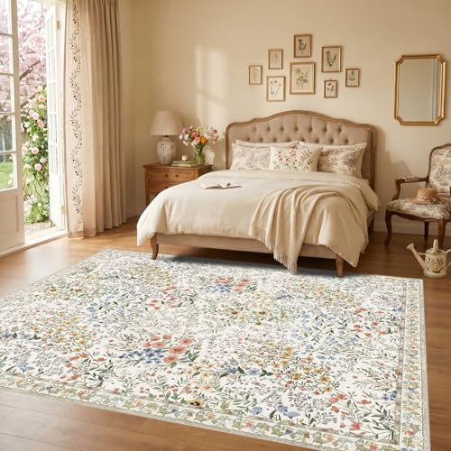 Beige Vintage Botanical Floral Rug 8x10 - Non Slip, Machine Washable, Living Room & Bedroom Carpet with Foldable Design