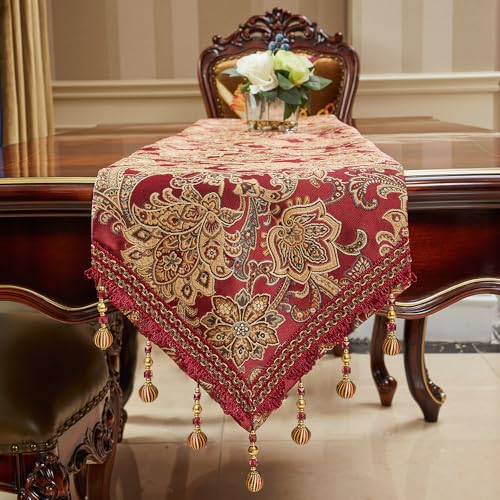 LUFEIJIASHI Luxury Vintage Table Runner 12x48in Embroidered Jacquard with Red Beaded Tassels