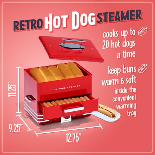 Large Hot Dog Steamer and Bun Warmer - 20 Hot Dogs & 6 Buns, Red