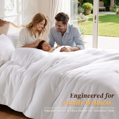 King Size White Waffle Weave Comforter Set - Breathable 100% Cotton Shell