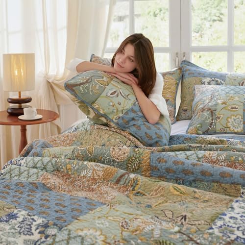 Secgo King Size Sage Green Cotton Comforter Set with 2 Shams - Reversible Patchwork Bedding (98x106 inches)