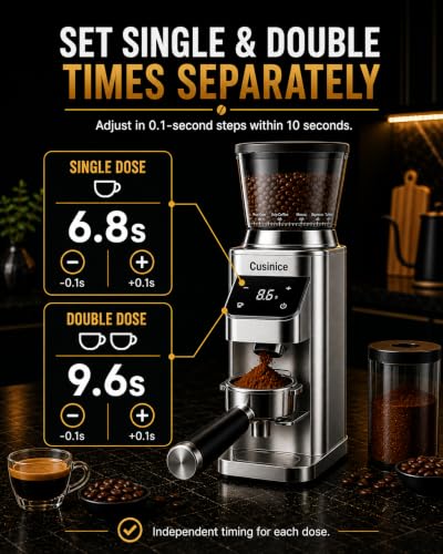 Cusinice Brushed Silver Conical Burr Coffee Grinder with 0.1s Timer & Anti-Static Design