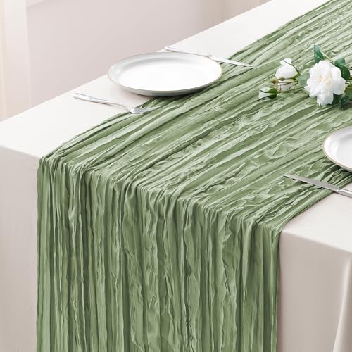 Veblandy Sage Green Cheesecloth Table Runner 120 Inch Boho Rustic Wedding Decor