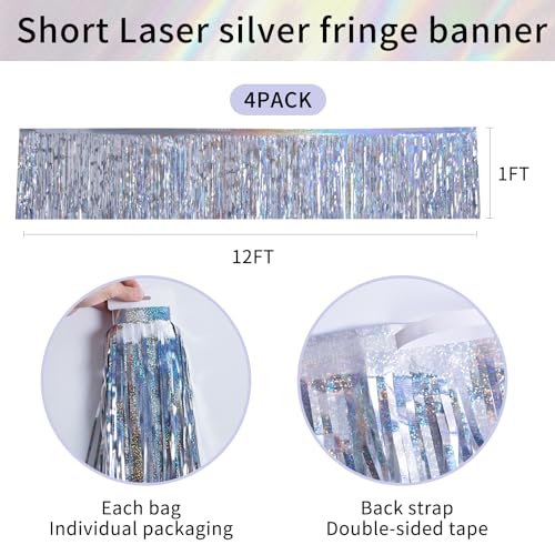 Laser Silver 4Pack Foil Fringe Streamers 48ft Table Skirt Garland for Weddings & Parties (YUKL - Laser Silver)