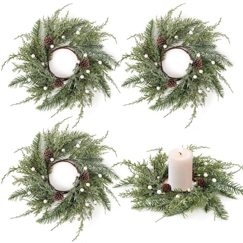 YLOLUL 4-Pack Farmhouse Christmas Wreath Candle Rings | 10" Wide Cedar & Pine Cone Mini Wreaths