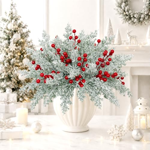 christmas artificial snow pine branches 60 pcs with red berry stems - 11in snowy Norfolk pine for wreaths & arrangements (white red / 60pcs)