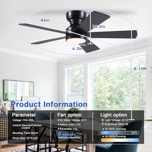 Black Ceiling Fans with Lights - 46" Flush Mount Fan Remote and 5