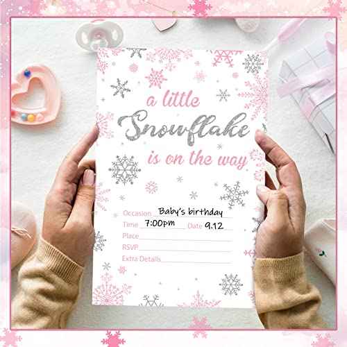 25 Sets Snowflake Baby Shower Invitations with Envelopes A Little Snowflake is on The Way Party Decorations Silver Pink Invitations for Christmas Winter Gender Reveal Party Supplies, 4 x 6 Inch