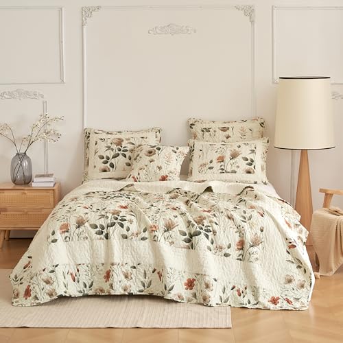 DaDa Bedding Enchanted Meadow King Quilt Set Floral Bedspread Beige