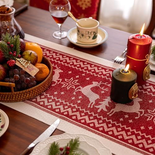 UWWGKK Red 14x119 Inch Elk Christmas Table Runner with Tassel Fringe