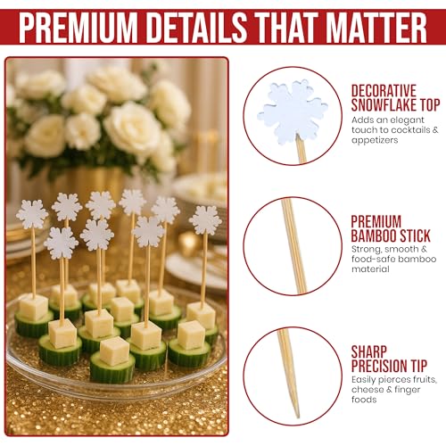 Decorative White Snowflake Bamboo Cocktail Picks 5-inch 200 Pack